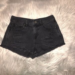 High waisted distressed black shorts